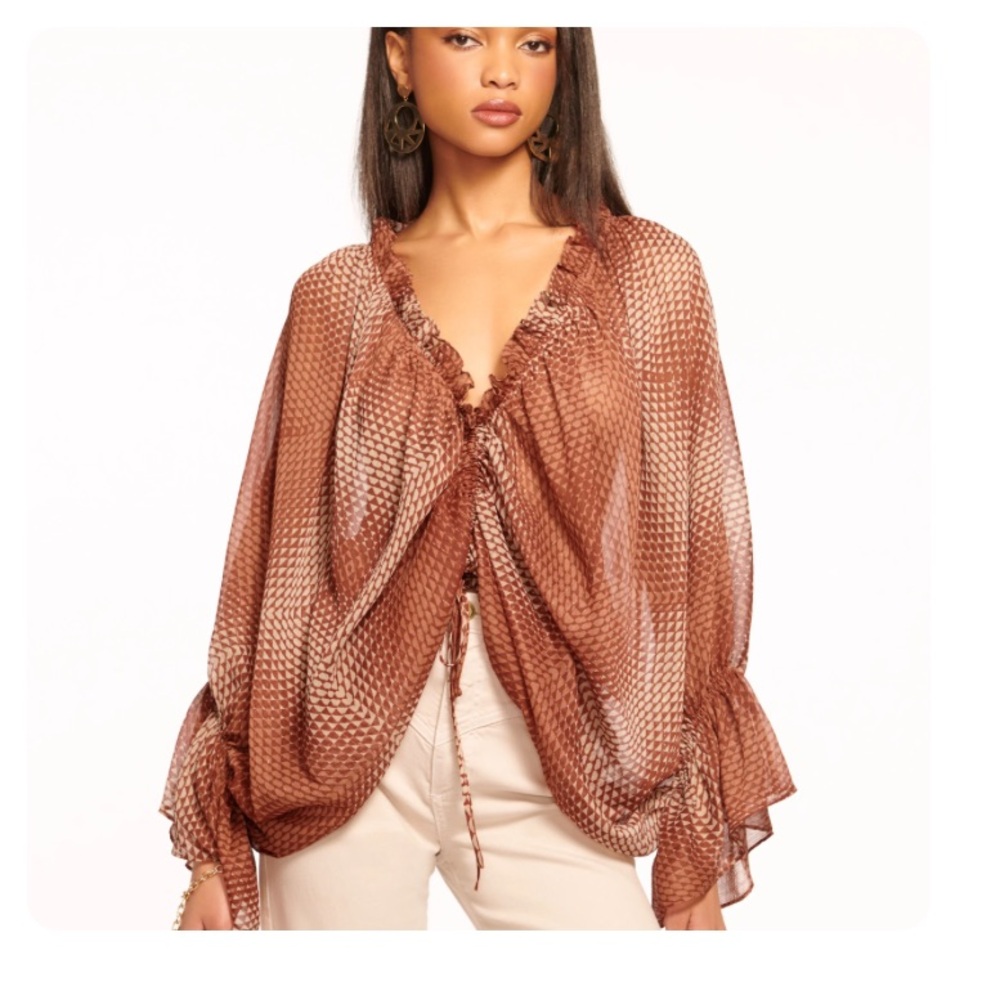 Ramy Brook Sheer Blouse in Rust and White Pattern